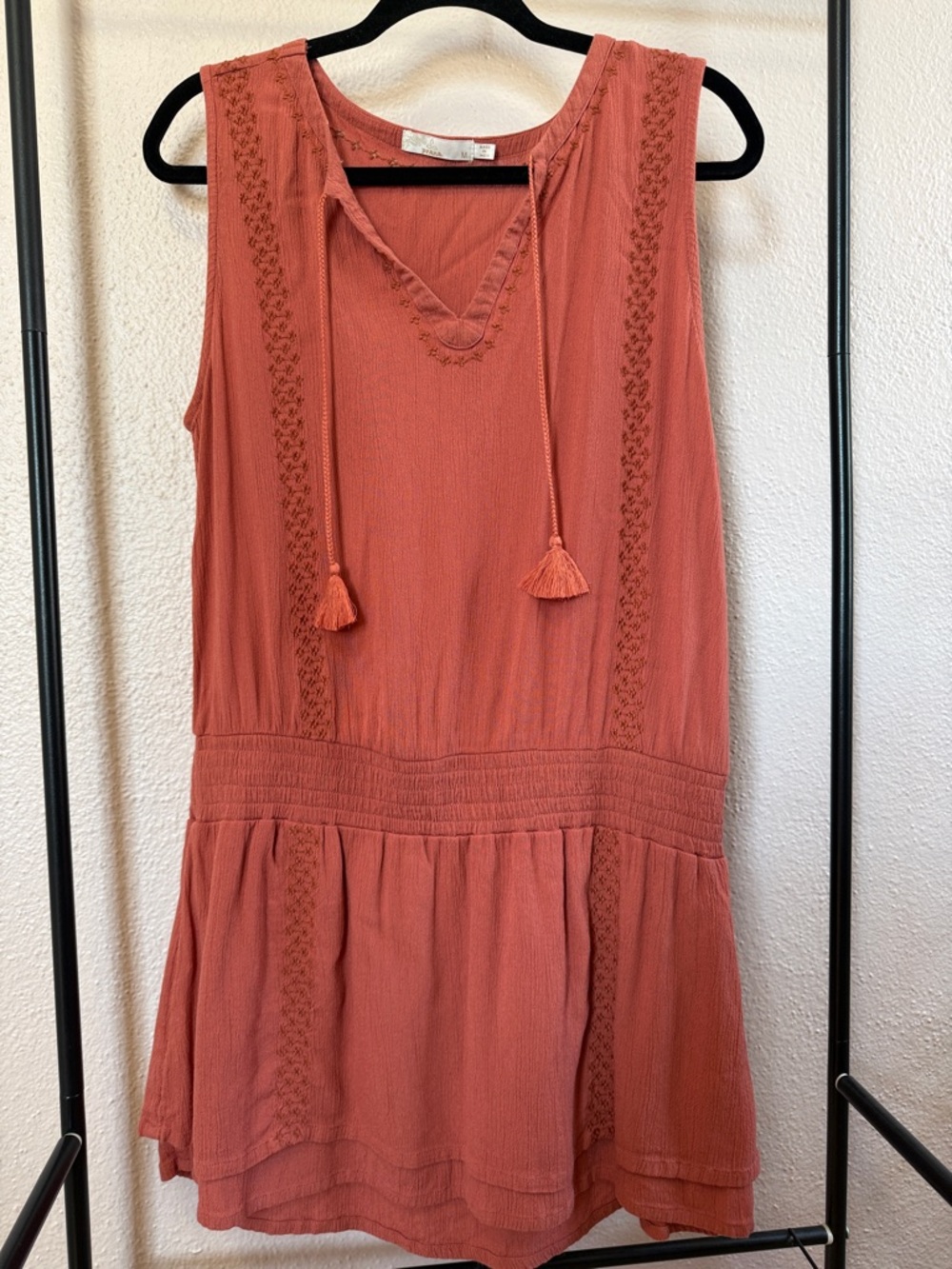 Prana Terracotta Tassel Tie Sleeveless Mini Dress